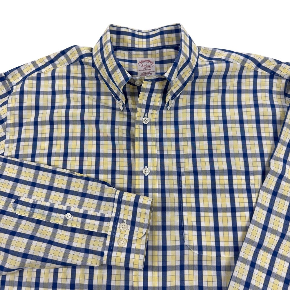 Brooks Brothers Mens Large Blue Yellow Check Madison Non Iron Supima Shirt 13013